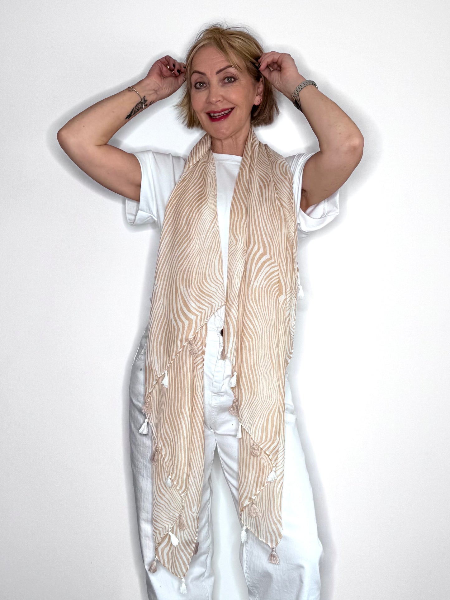 Sand Zebra Print Tassel Scarf