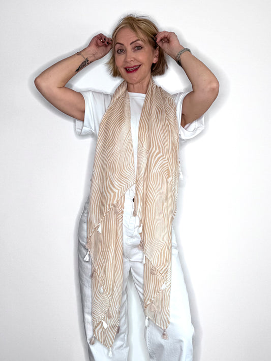 Sand Zebra Print Tassel Scarf