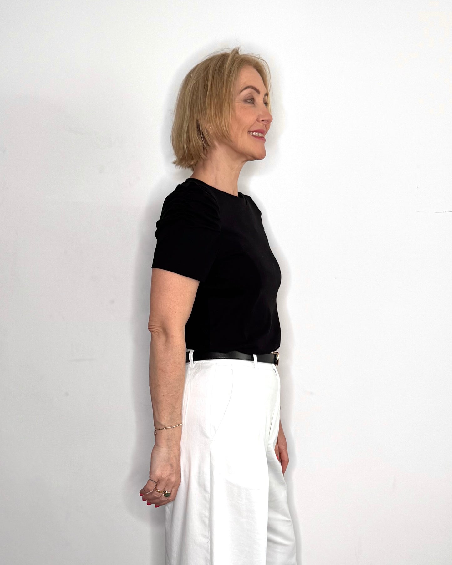 The Marnie Ruched Sleeve Cotton T-Shirt in Black