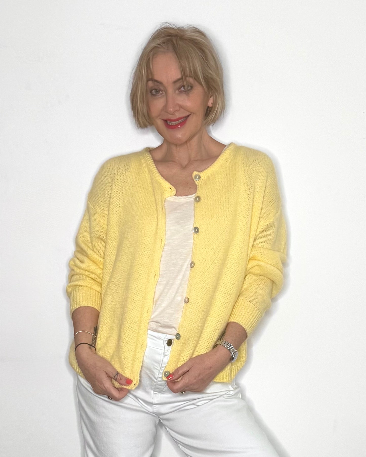 The Eliette Crew-Neck Cardigan in Lemon Yellow