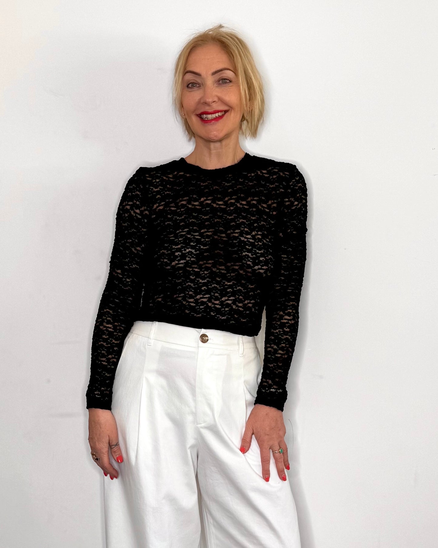 The Sofia Lace Long Sleeve Top in Black