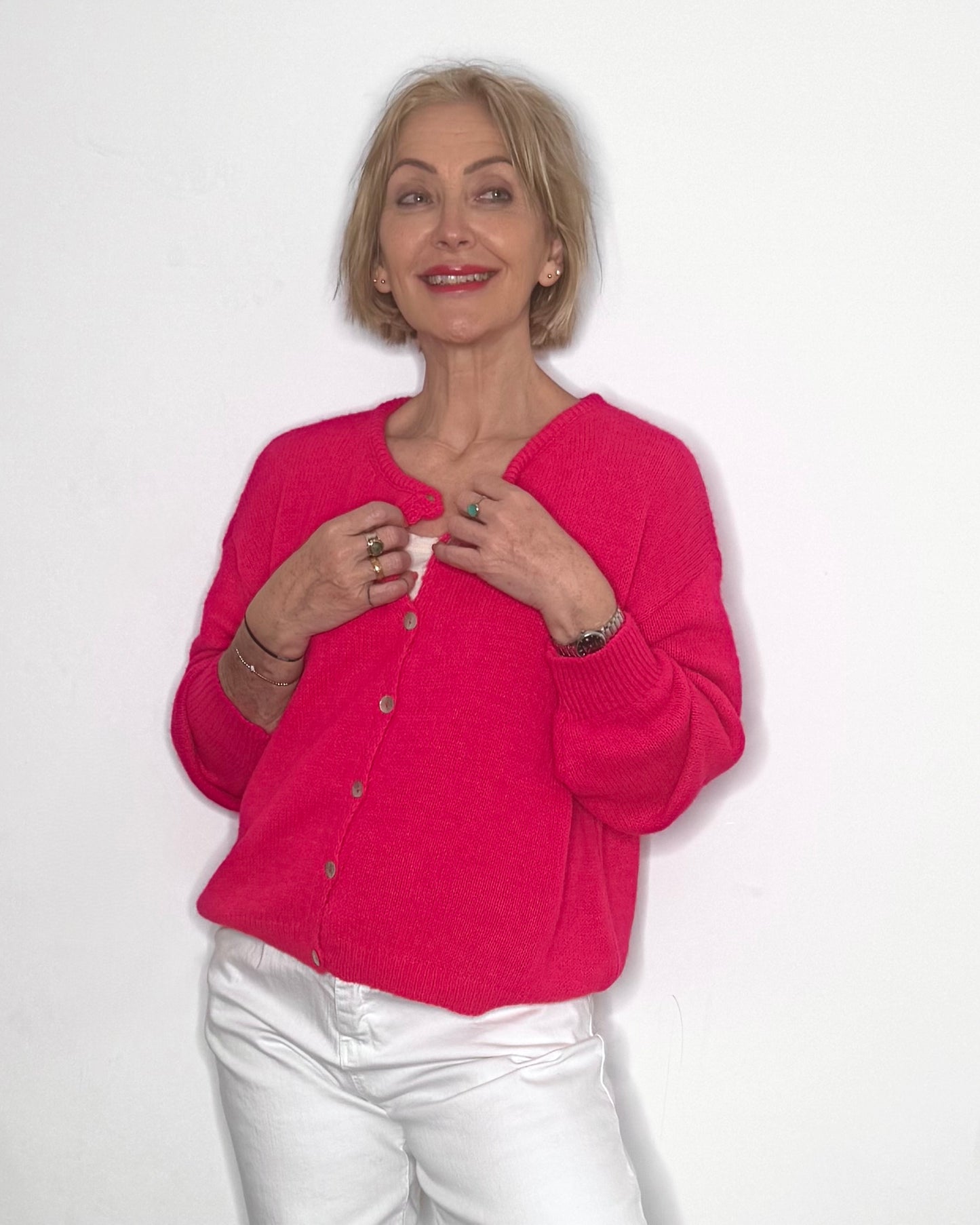 The Eliette Crew-Neck Cardigan in Neon Pink