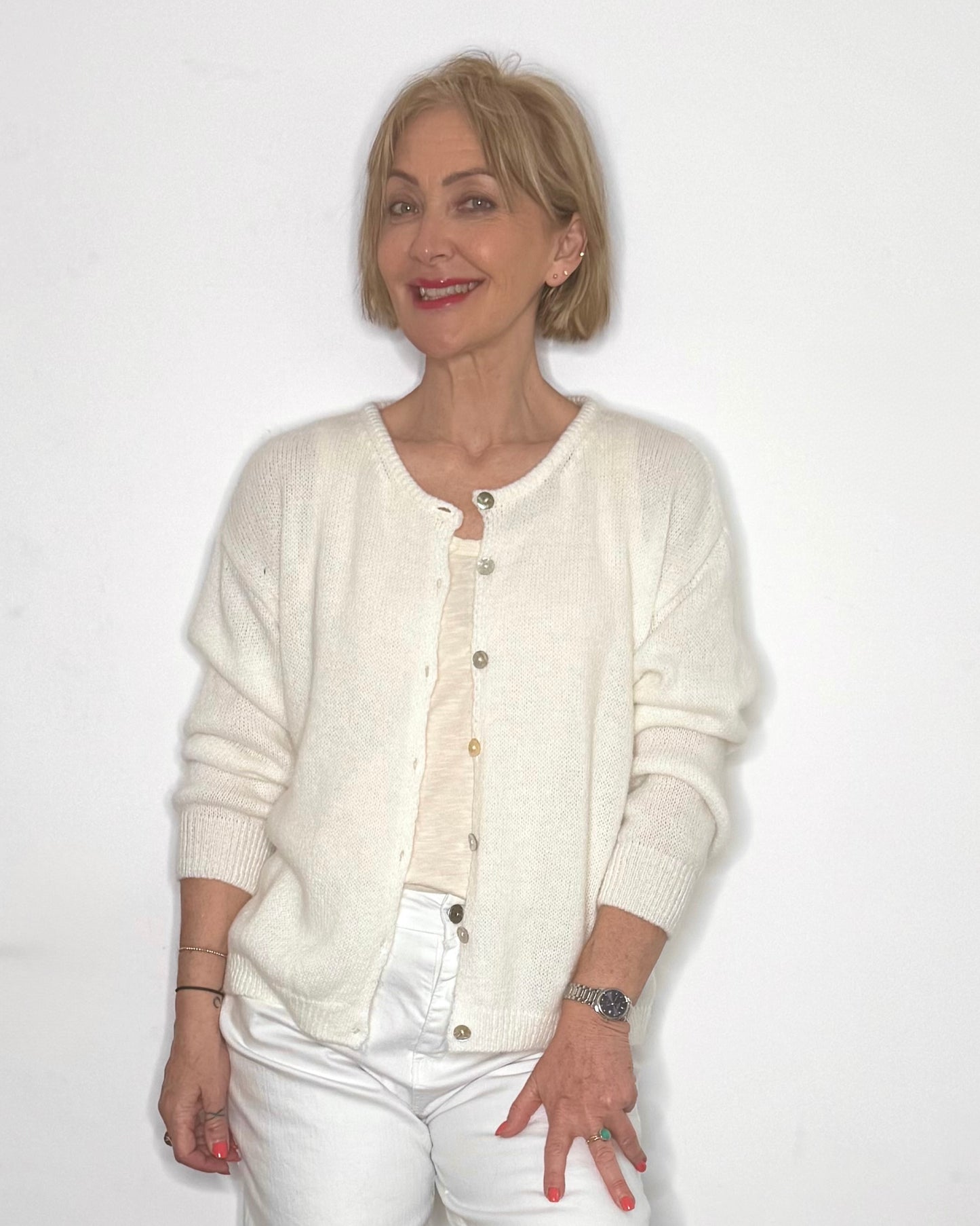 The Eliette Crew-Neck Cardigan in White