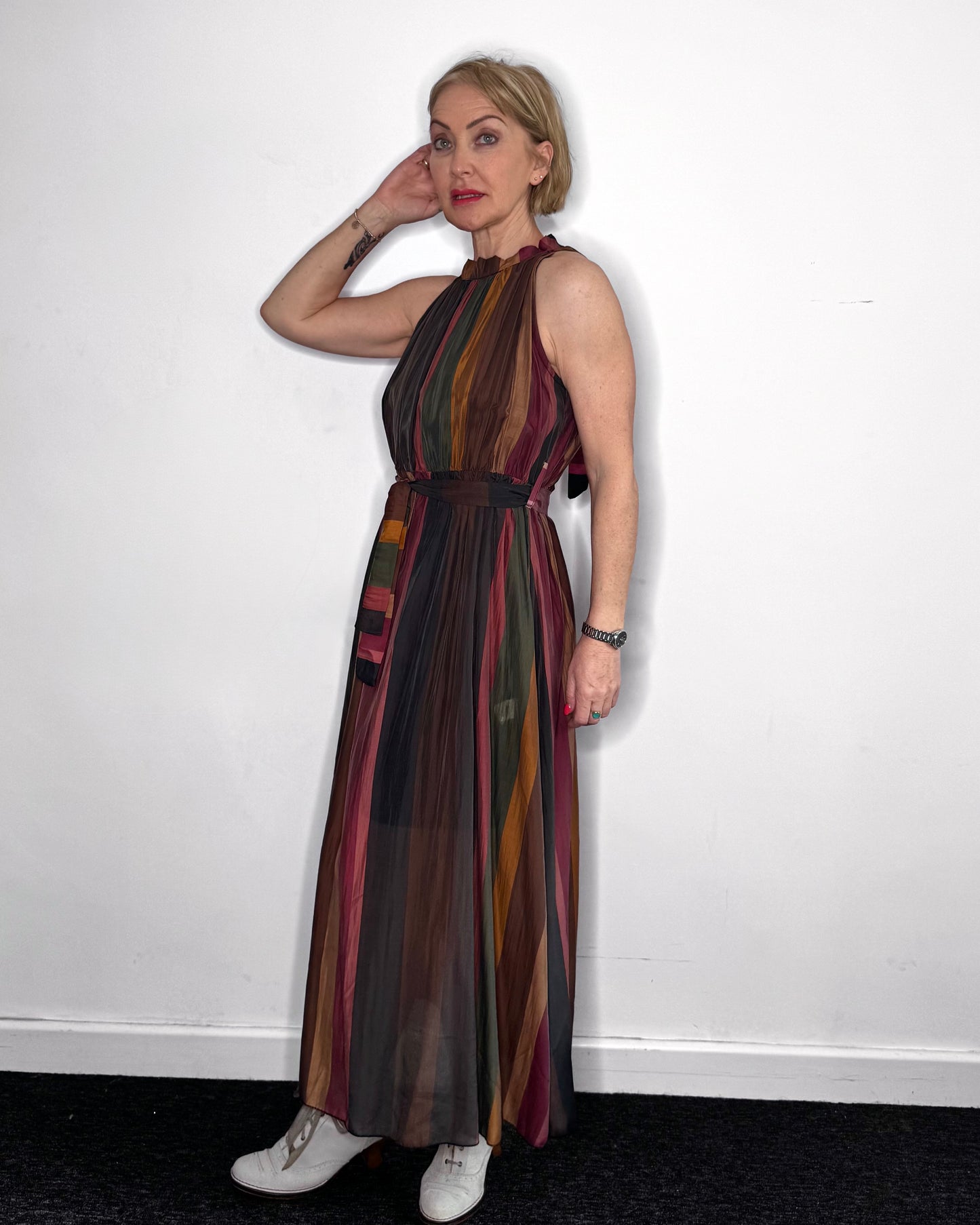Taylor Sleeveless Striped Dress in Dark Pink