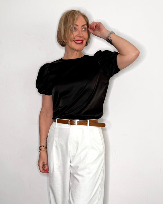 The Delphine Satin Tee in Black