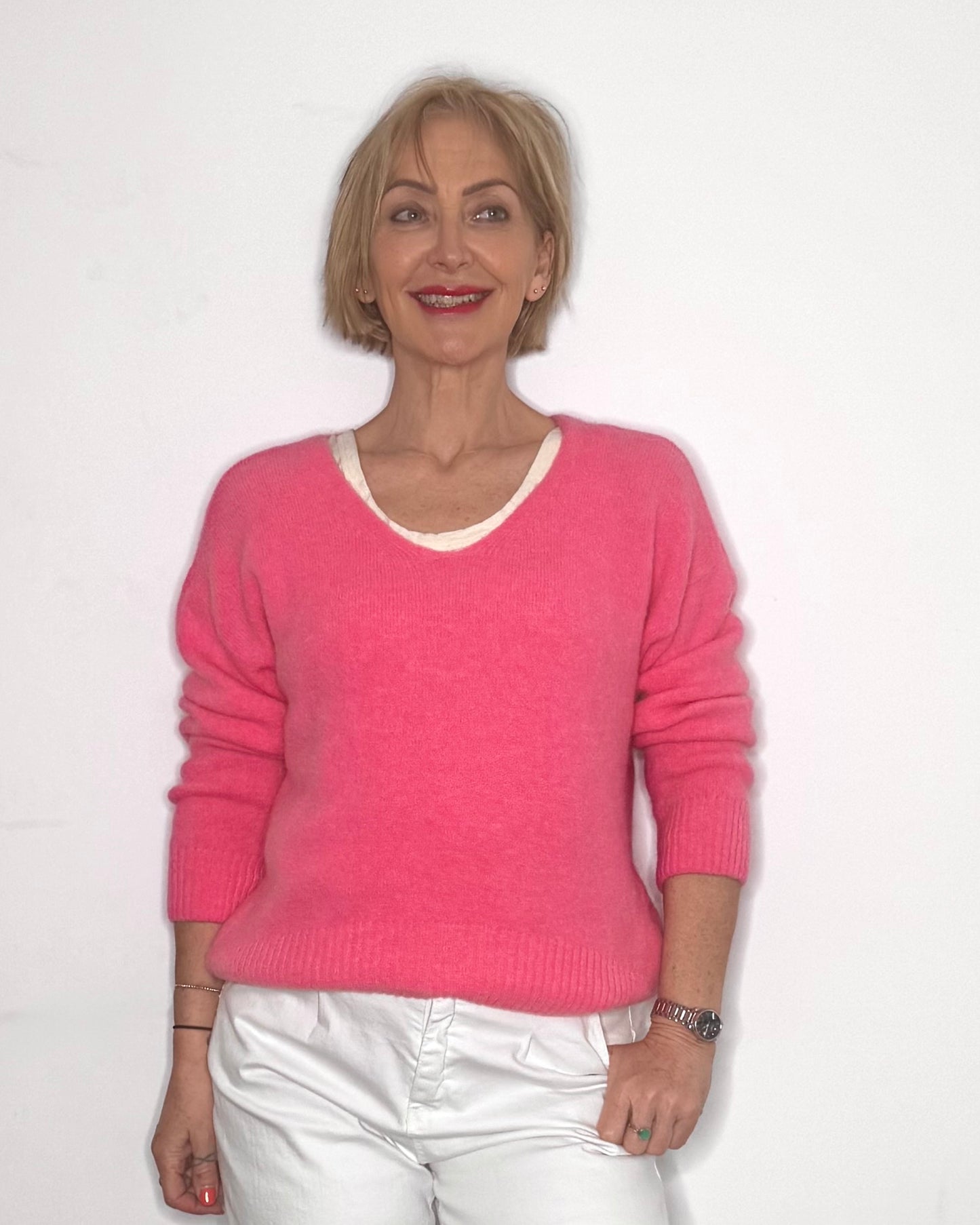 The Emilie V-Neck Knit in Candy Pink