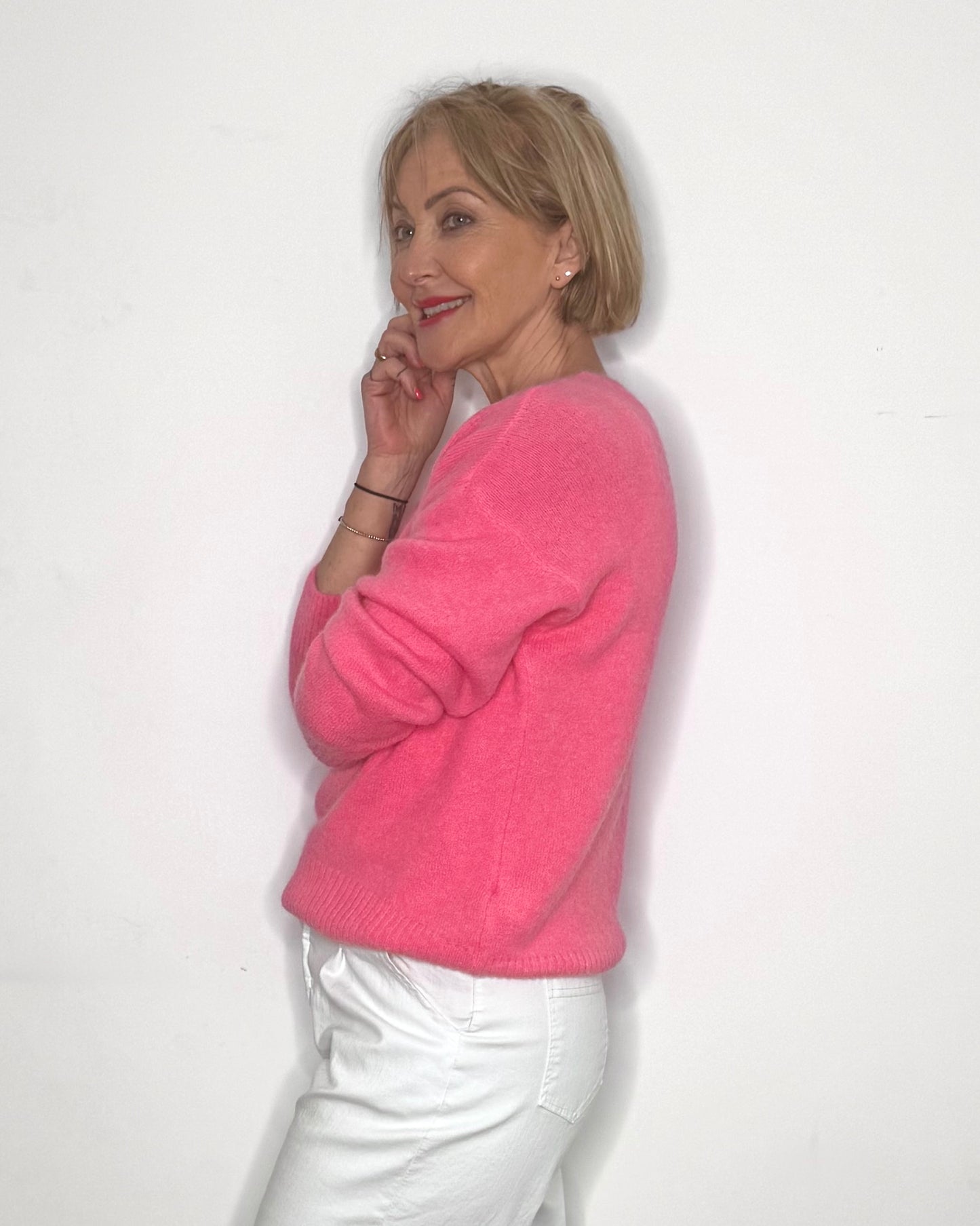 The Emilie V-Neck Knit in Candy Pink