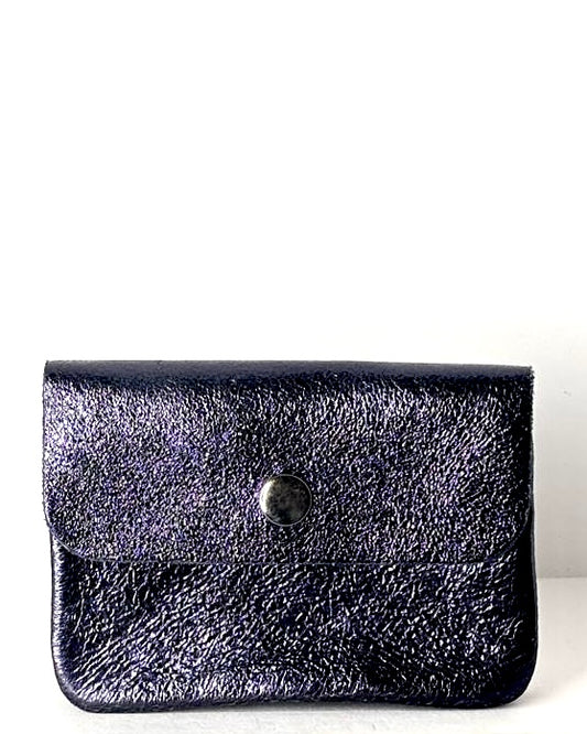 Navy Metallic Leather Zip Purse