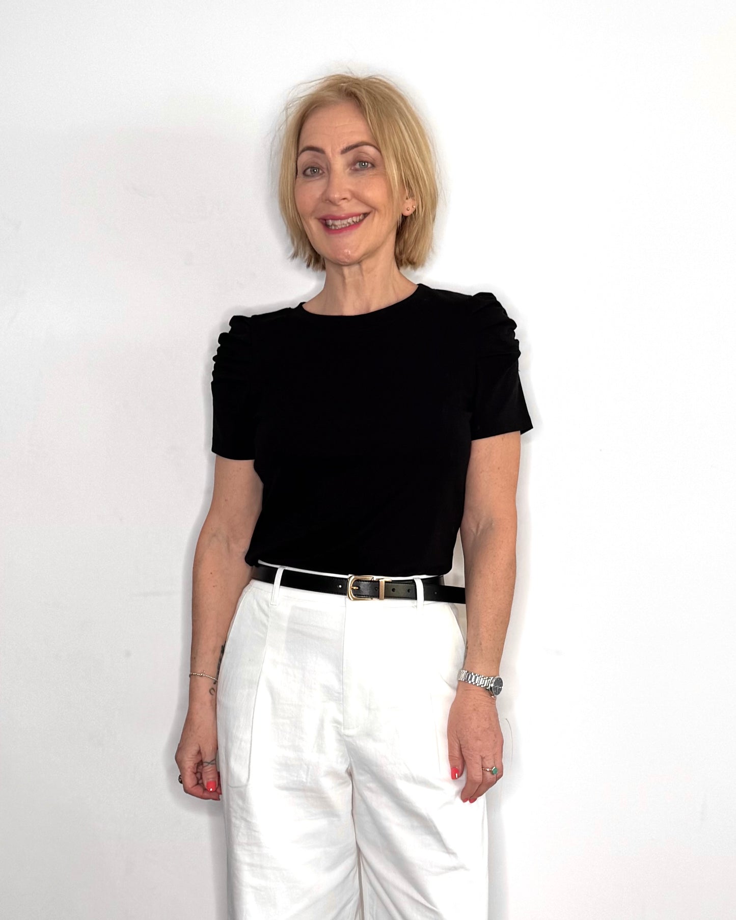 The Marnie Ruched Sleeve Cotton T-Shirt in Black
