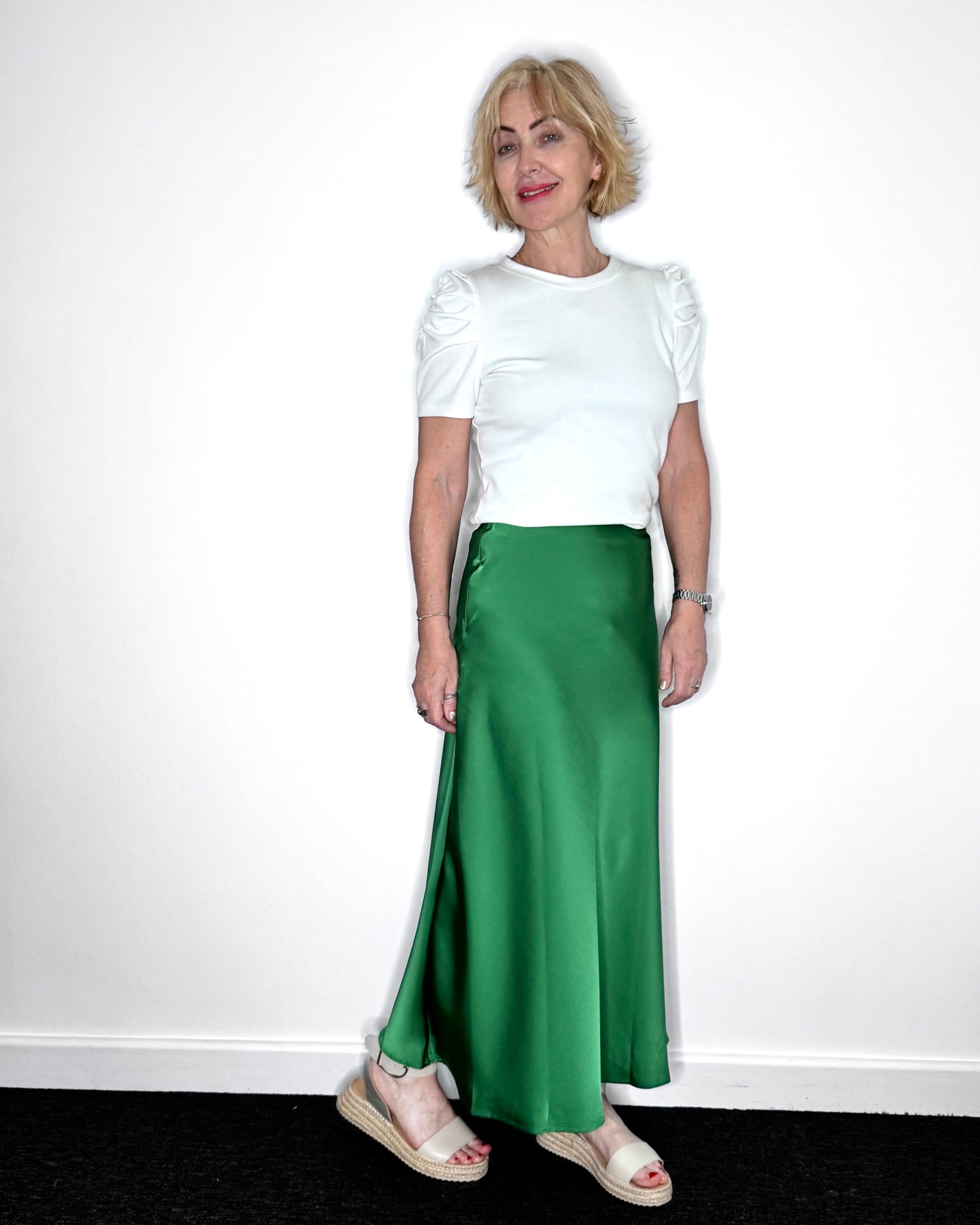 The Ella Satin Skirt in Emerald Green