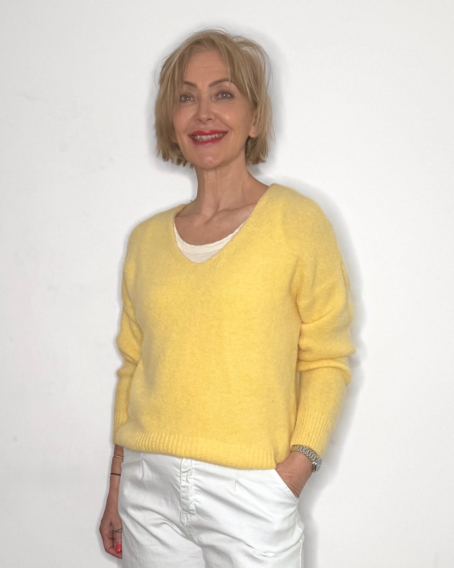 The Emilie V-Neck Knit in Butter Yellow
