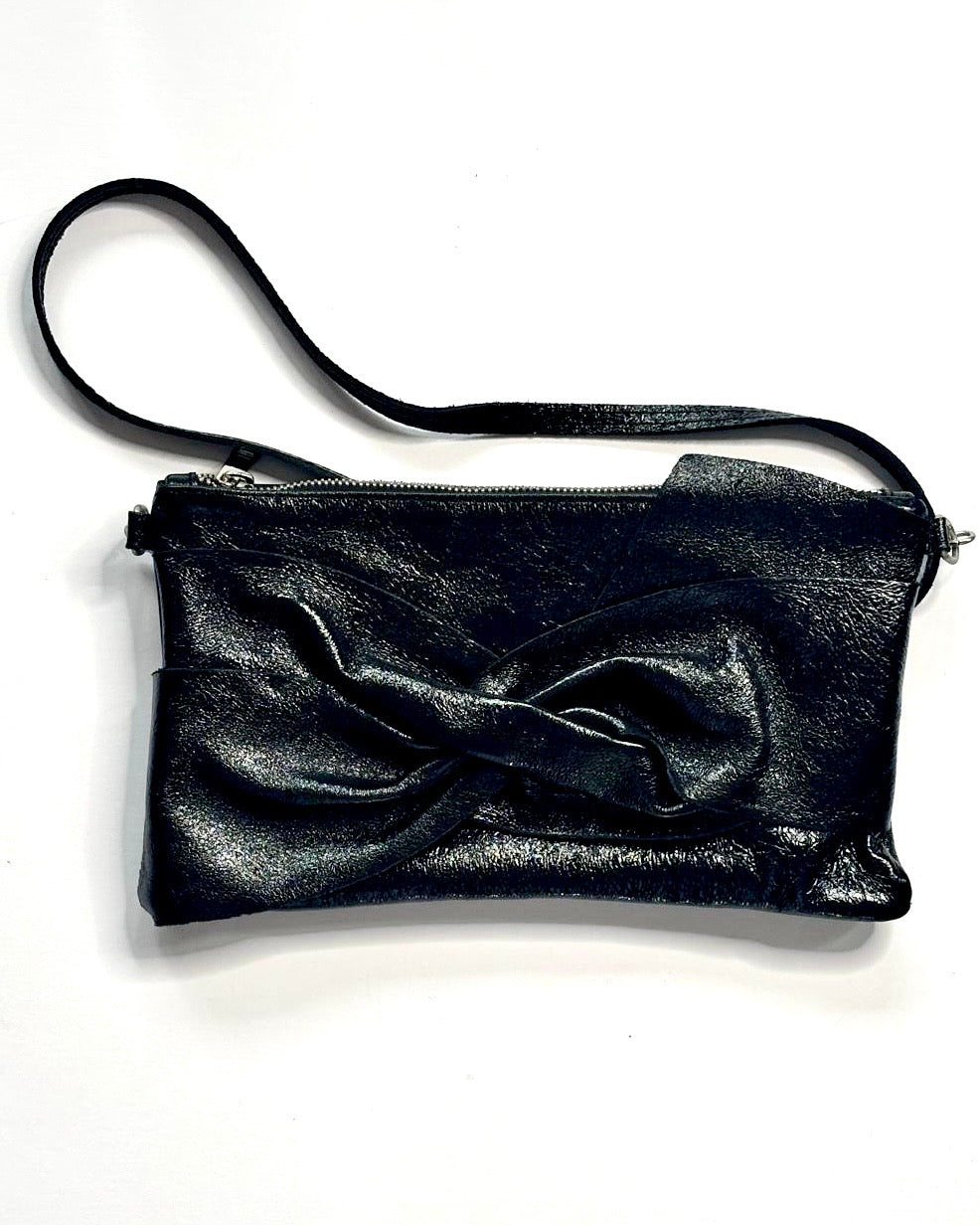 Black Shimmer Leather Crossbody Bag with Bow Detail