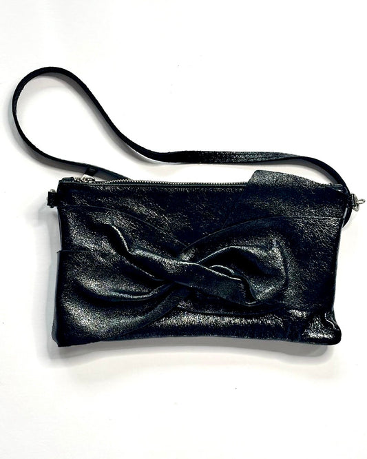 Black Shimmer Leather Crossbody Bag with Bow Detail