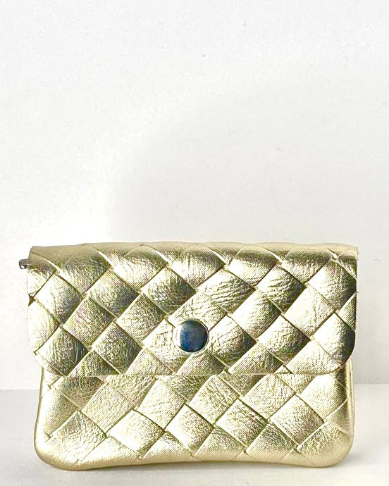 Pale Gold Metallic Woven Leather Zip Purse