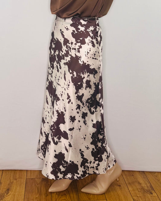 The Ella Satin Skirt in Cow Print