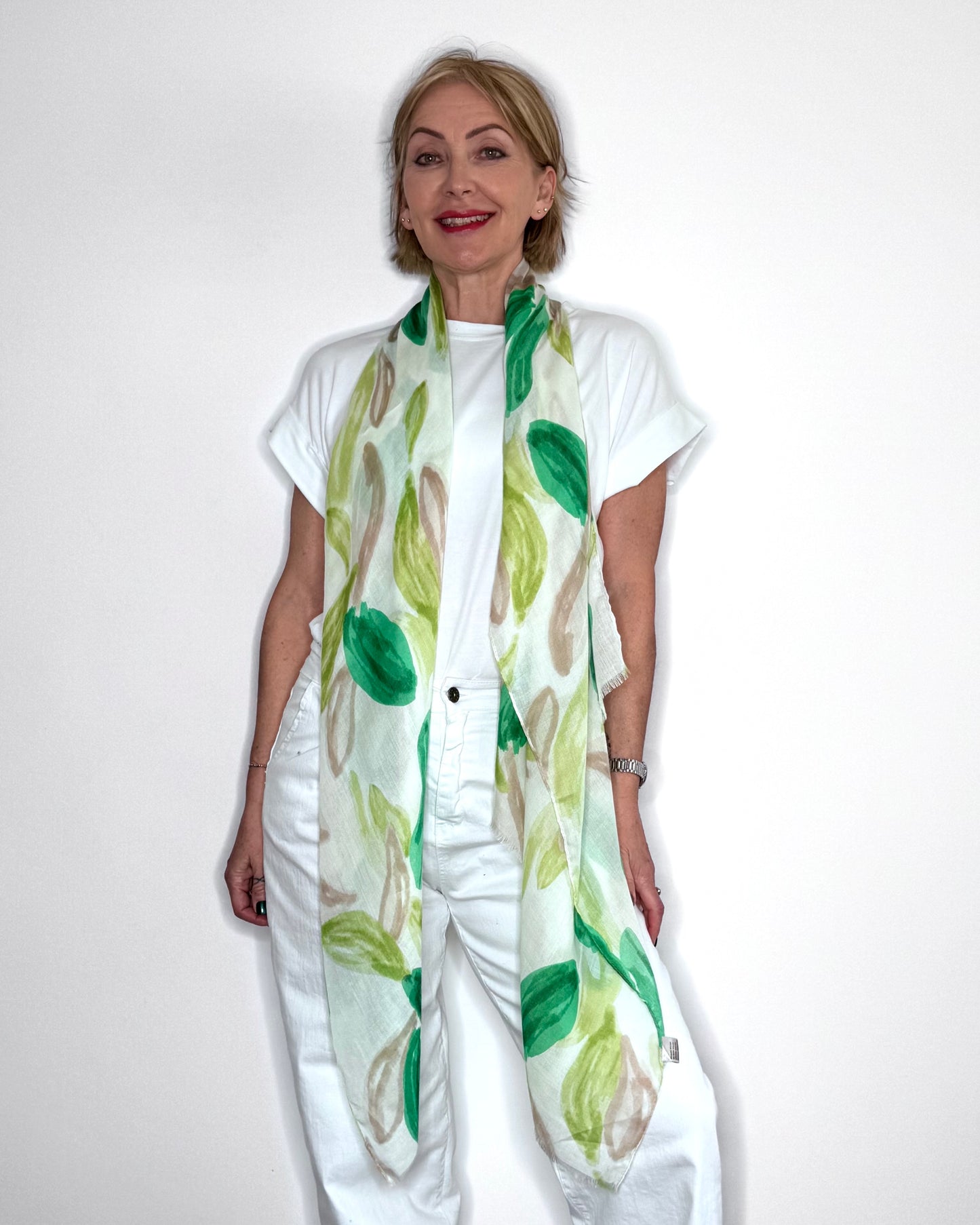 Bright Green & Taupe Abstract Leaf Scarf