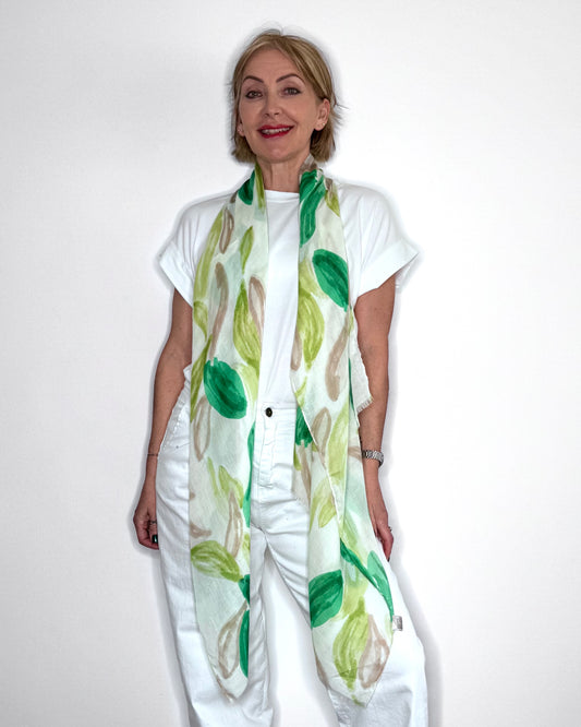 Bright Green & Taupe Abstract Leaf Scarf