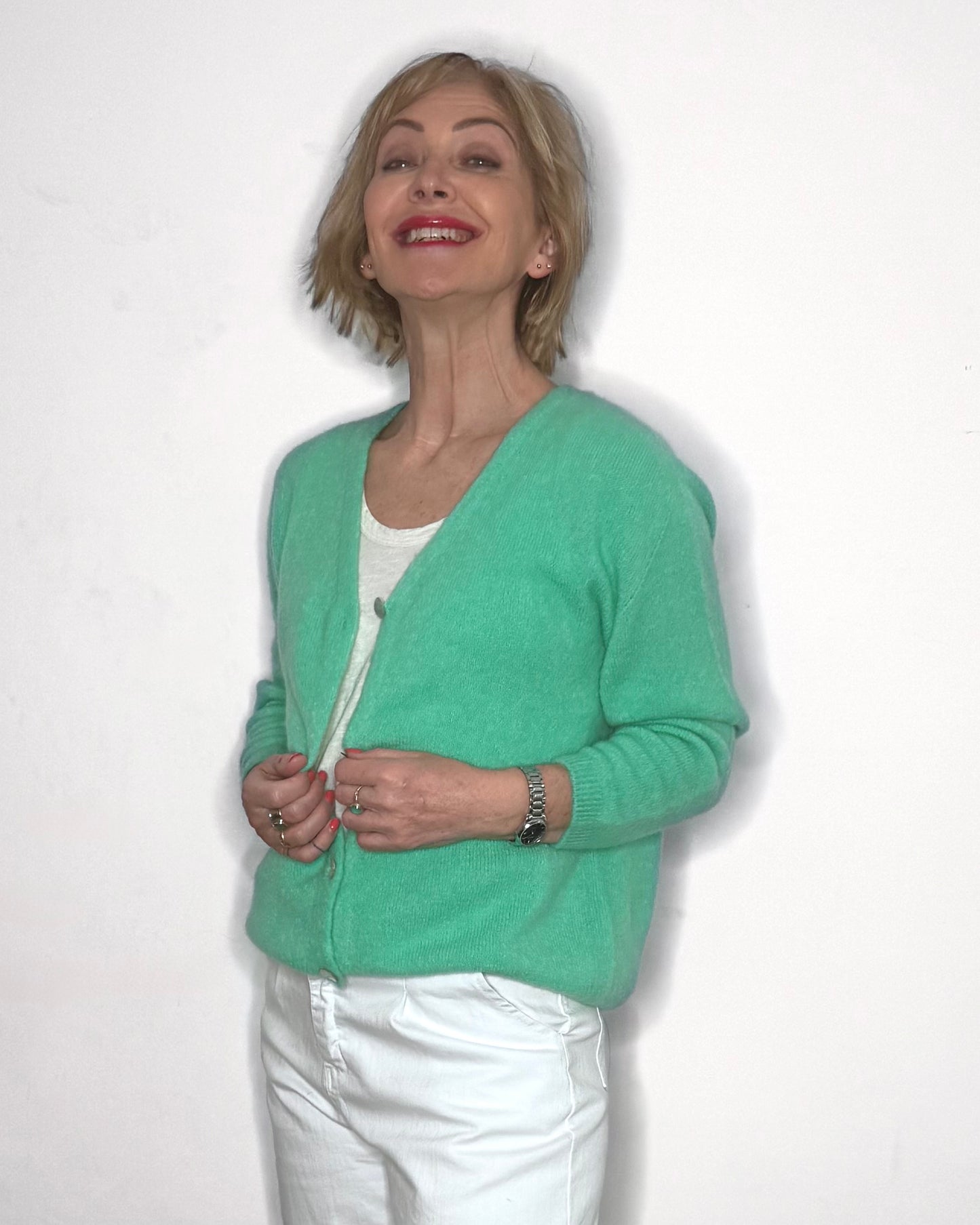 The Mimi V-Neck Cardigan in Mint Green