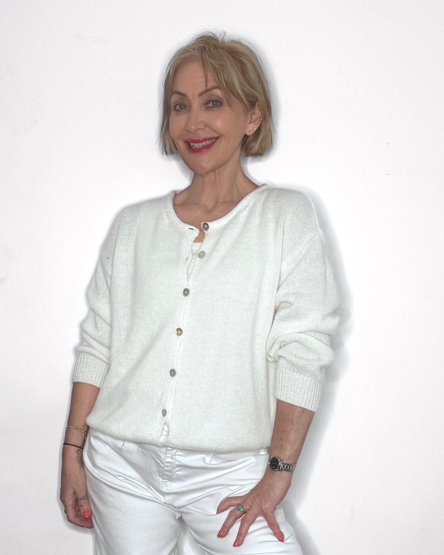 The Eliette Crew-Neck Cardigan in White