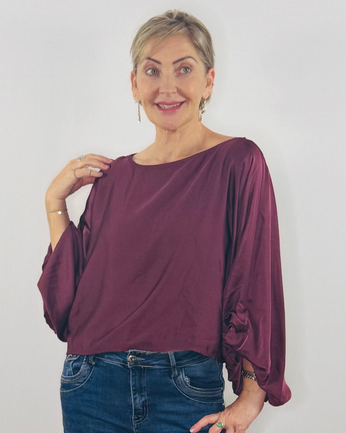 The Amy Satin Top in Burgundy