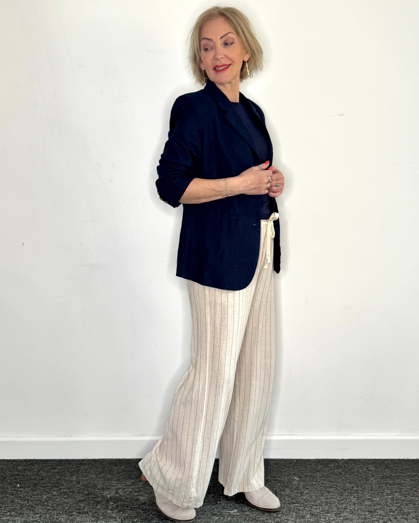 The Lola Pinstripe Linen Trousers in Ecru
