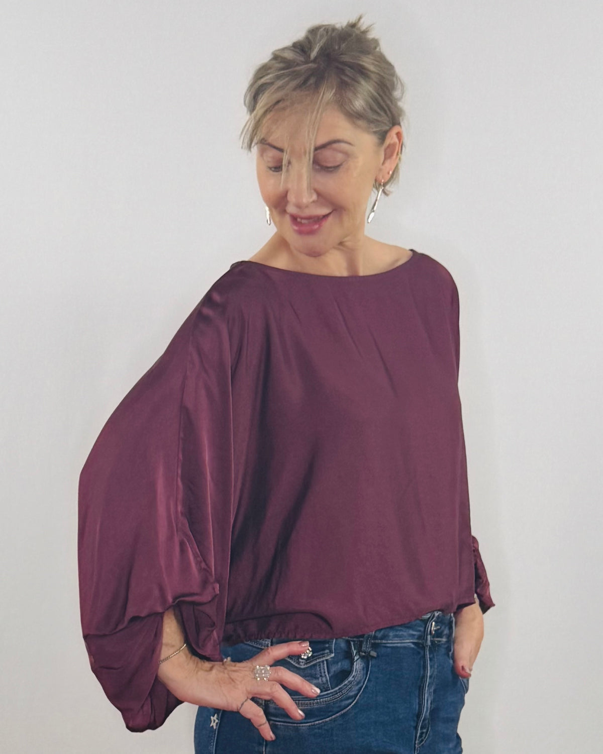 The Amy Satin Top in Burgundy