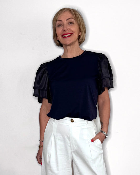 The Clover Flutter Sleeve Tee in Navy