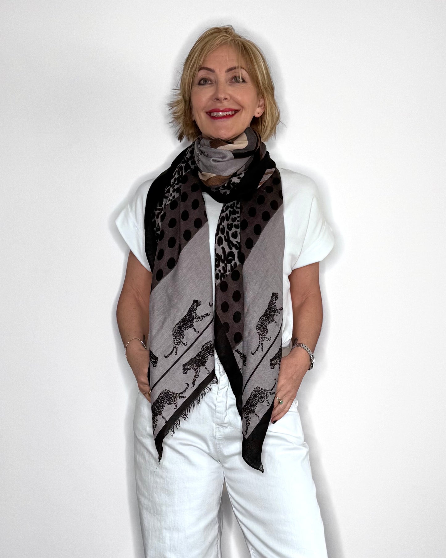 Grey Mixed Animal Print Scarf