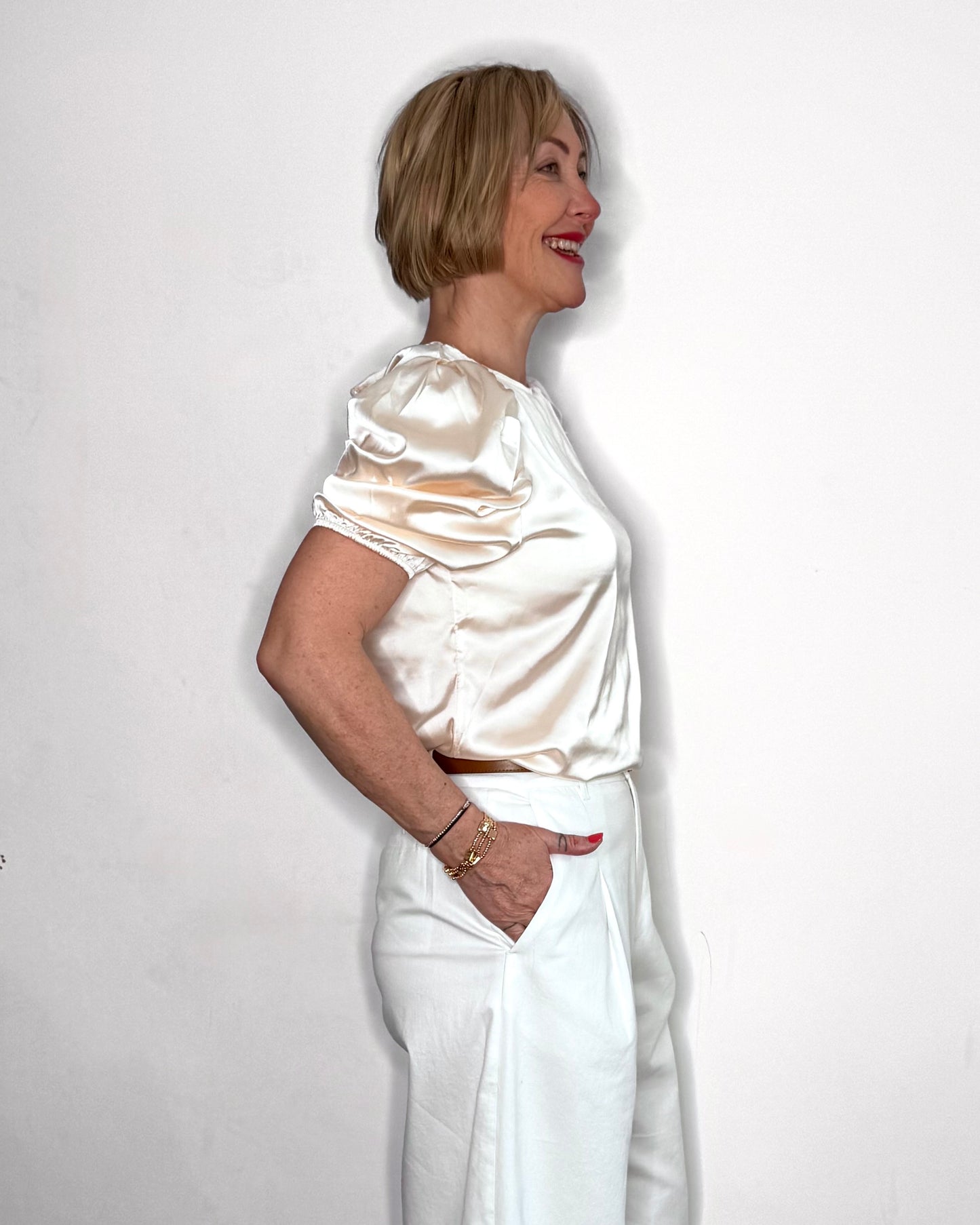 The Delphine Satin Tee in Cream