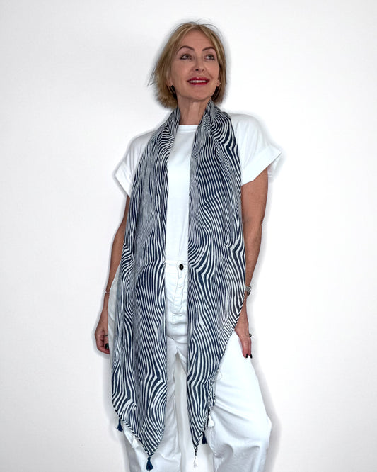 Navy Zebra Print Tassel Scarf