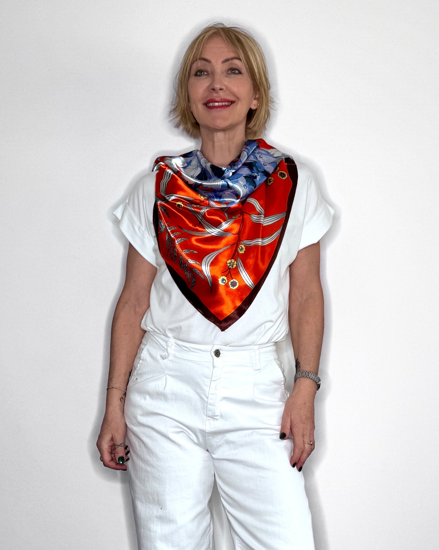 Botanical Satin Square Scarf – Sunset Orange Floral