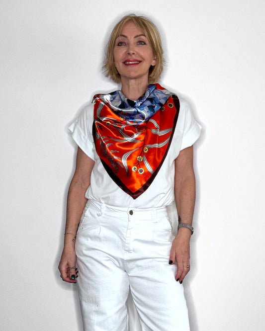 Botanical Satin Square Scarf – Sunset Orange Floral