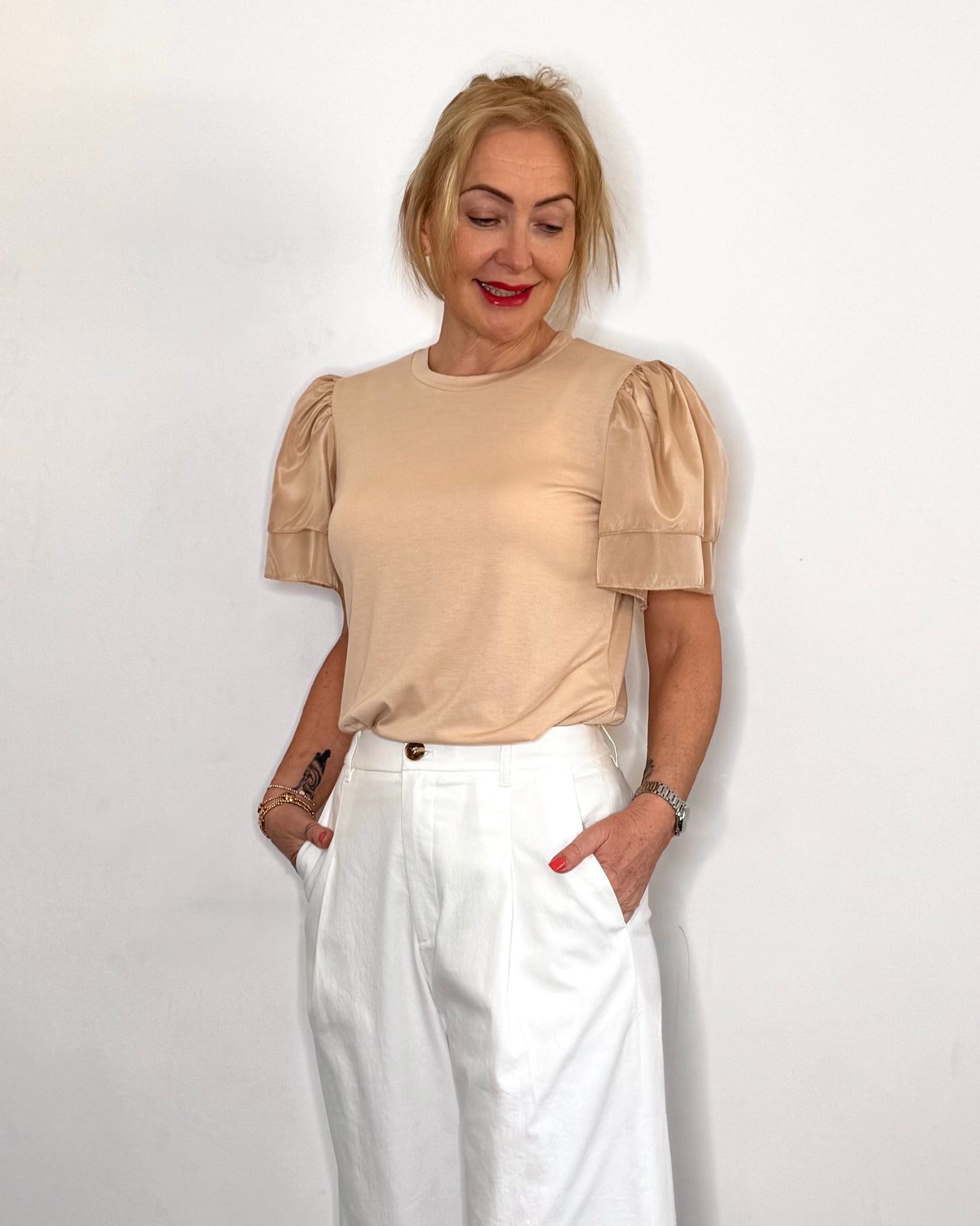 The Clover Flutter Sleeve Tee in Sand