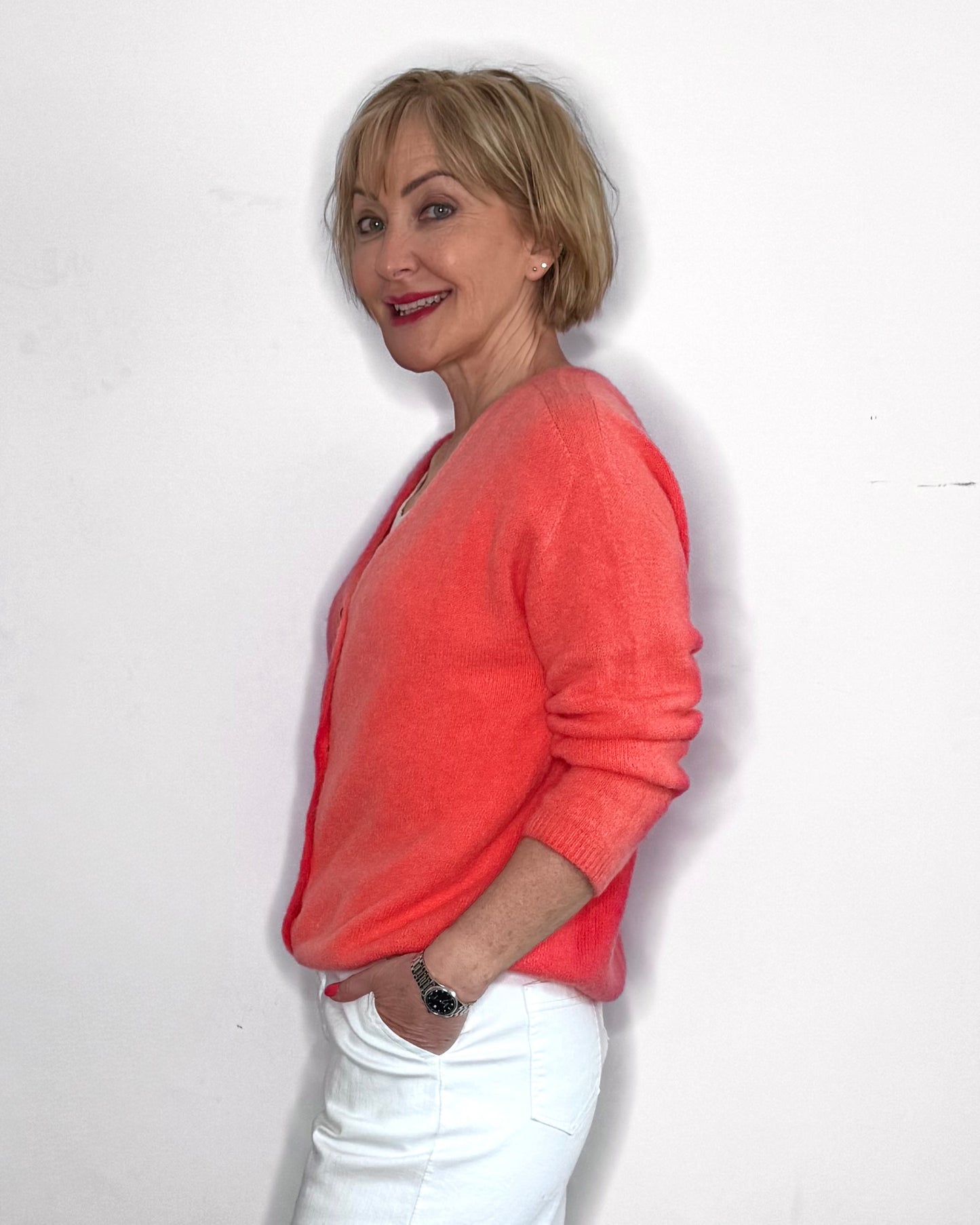 The Mimi V-Neck Cardigan in Coral