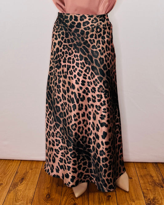 The Ella Satin Skirt in Pink Leopard Print