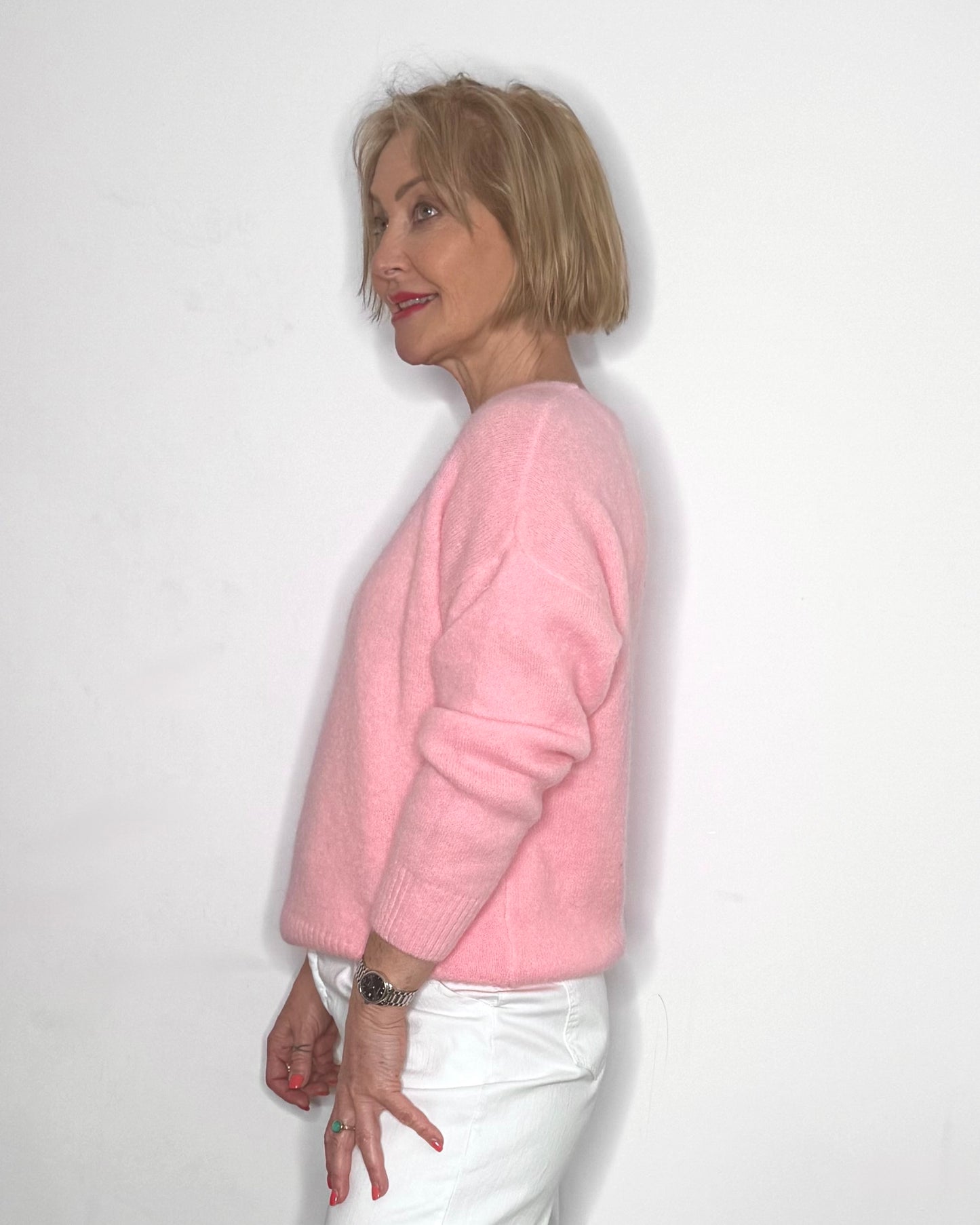The Bella V-Neck Knit in Ballet Pink