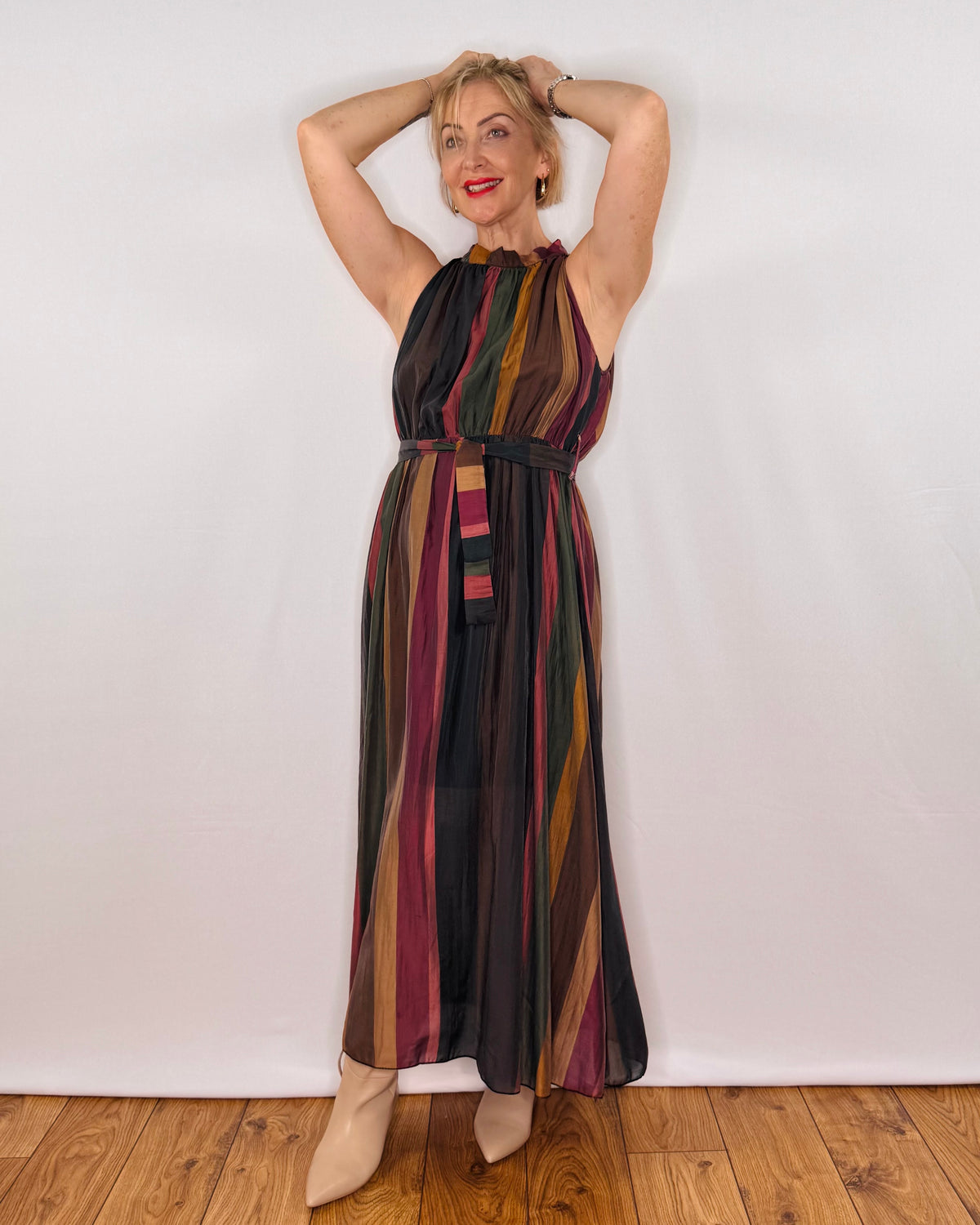 The Taylor Sleeveless Striped Dress in  Burgundy