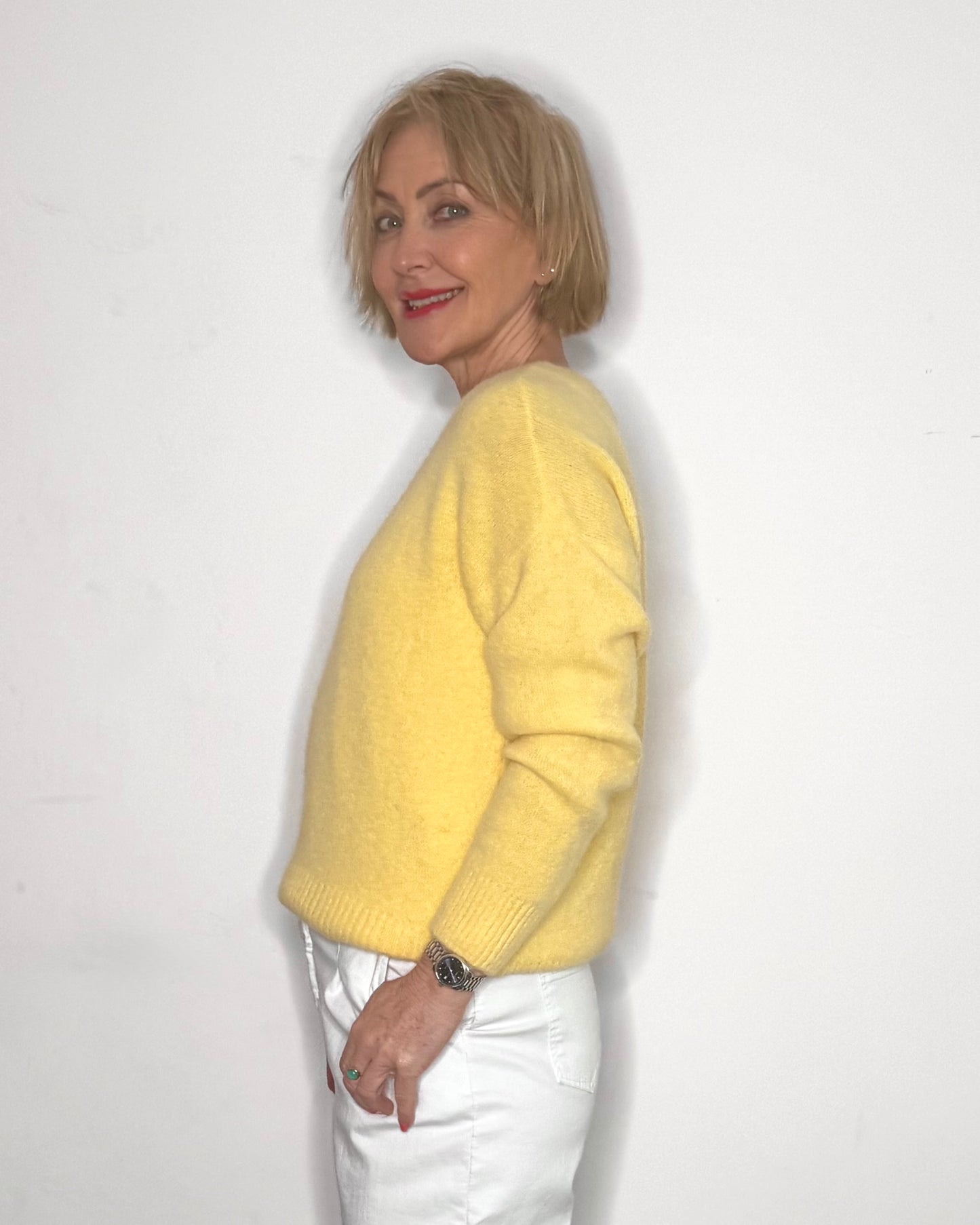 The Emilie V-Neck Knit in Butter Yellow