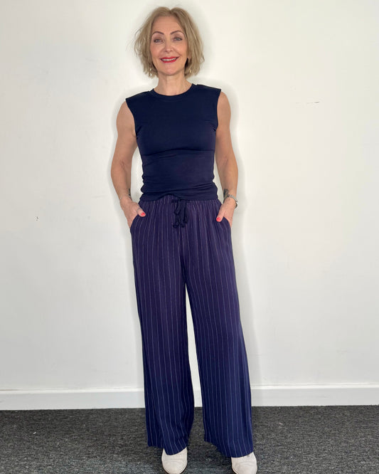 The Lola Pinstripe Linen Trousers in Navy