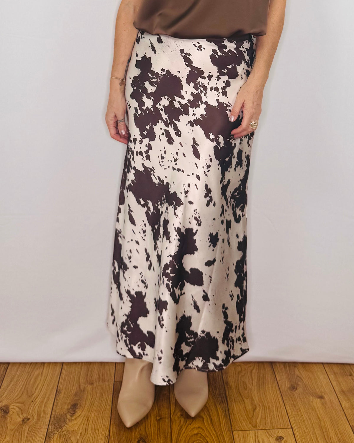 The Ella Satin Skirt in Cow Print