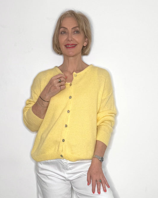 The Eliette Crew-Neck Cardigan in Lemon Yellow