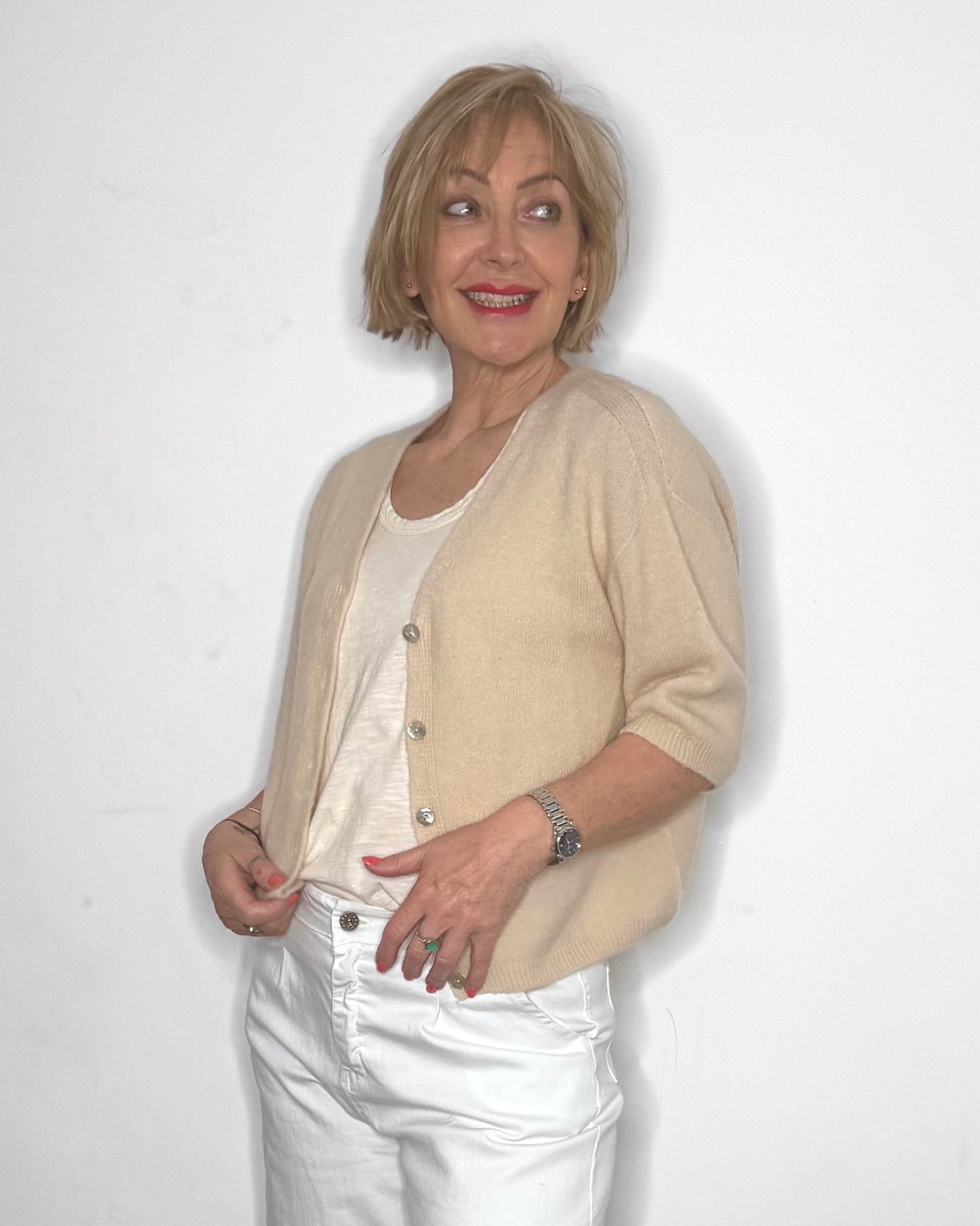 The Coco Short Sleeve V-Neck Cardigan in Taupe