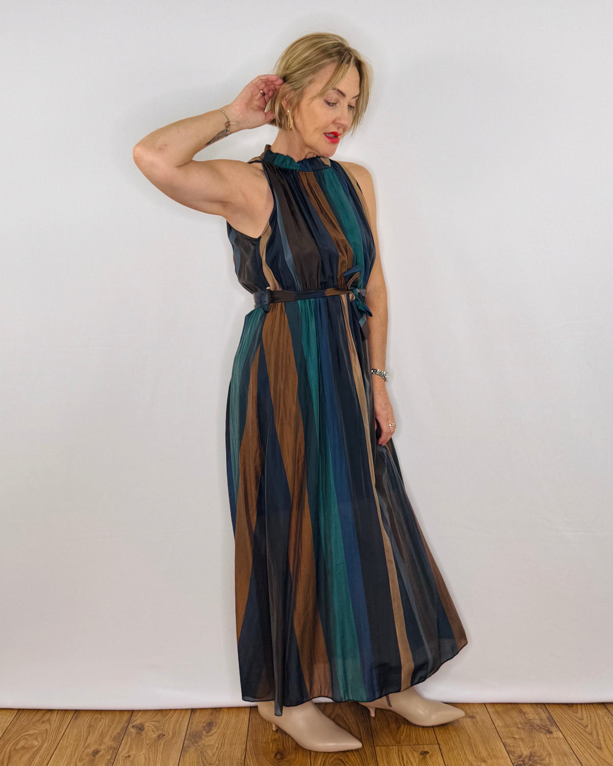 The Taylor Sleeveless Striped Dress in Teal