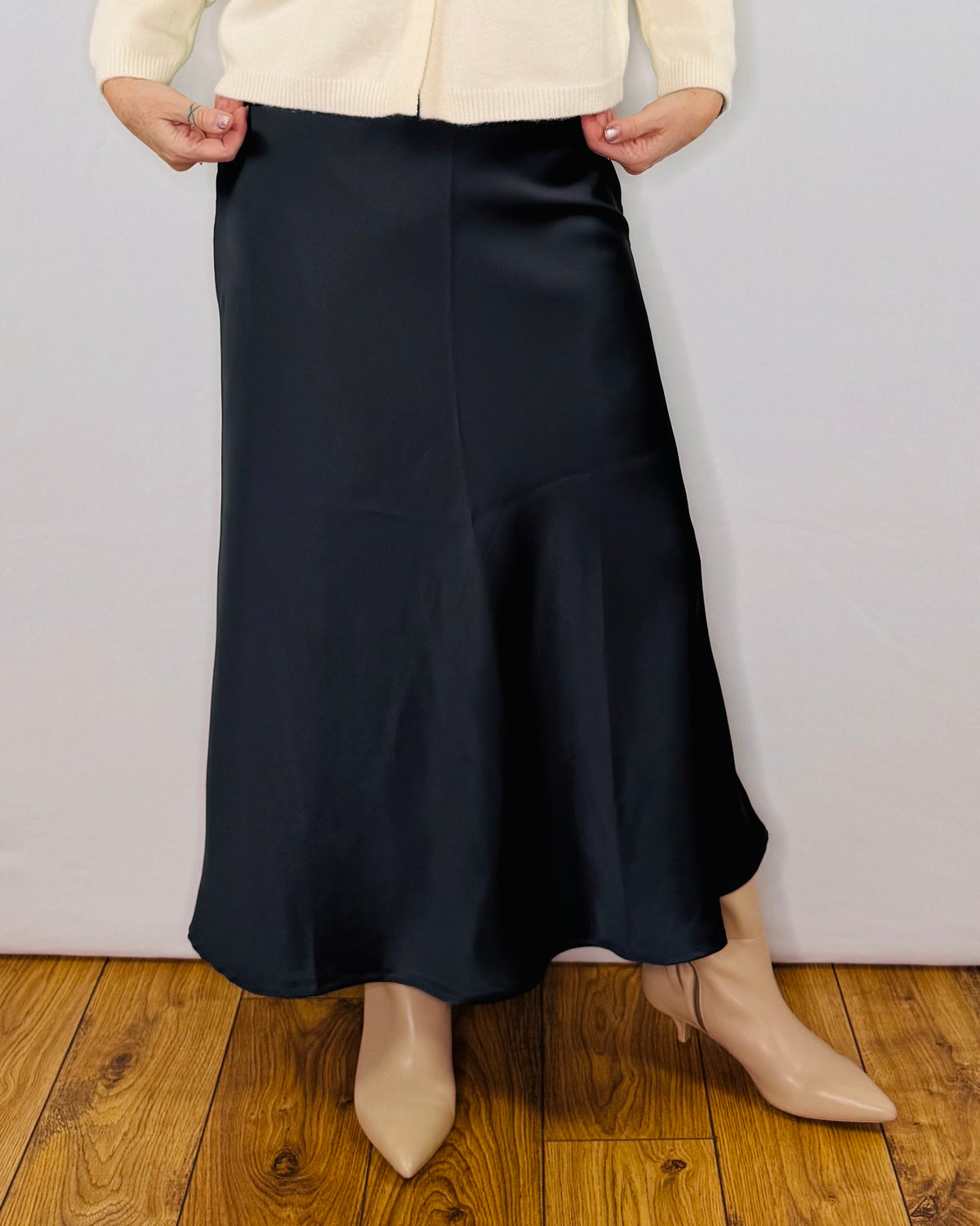 The Ella Satin Skirt in Dark Gunmetal