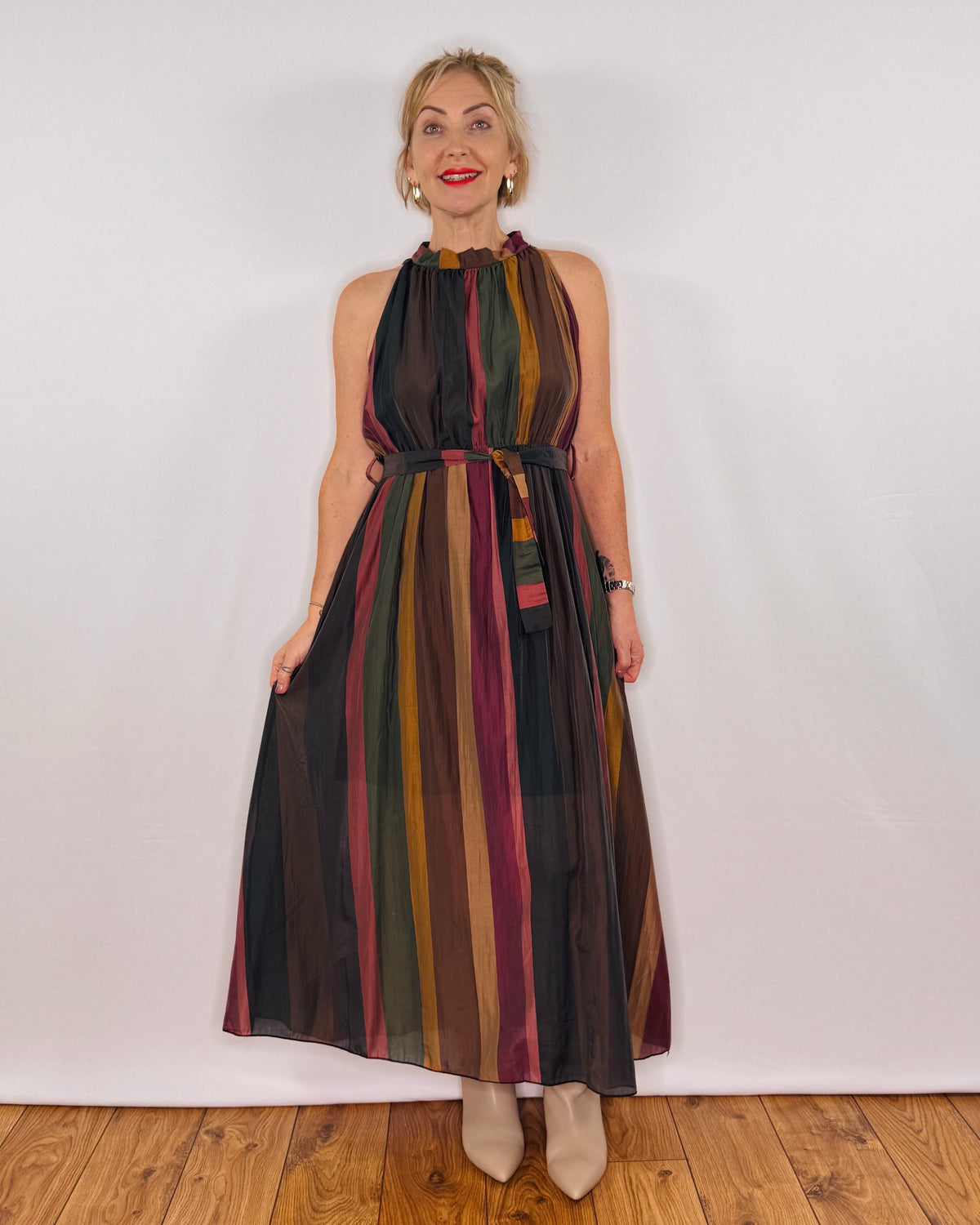 The Taylor Sleeveless Striped Dress in  Burgundy