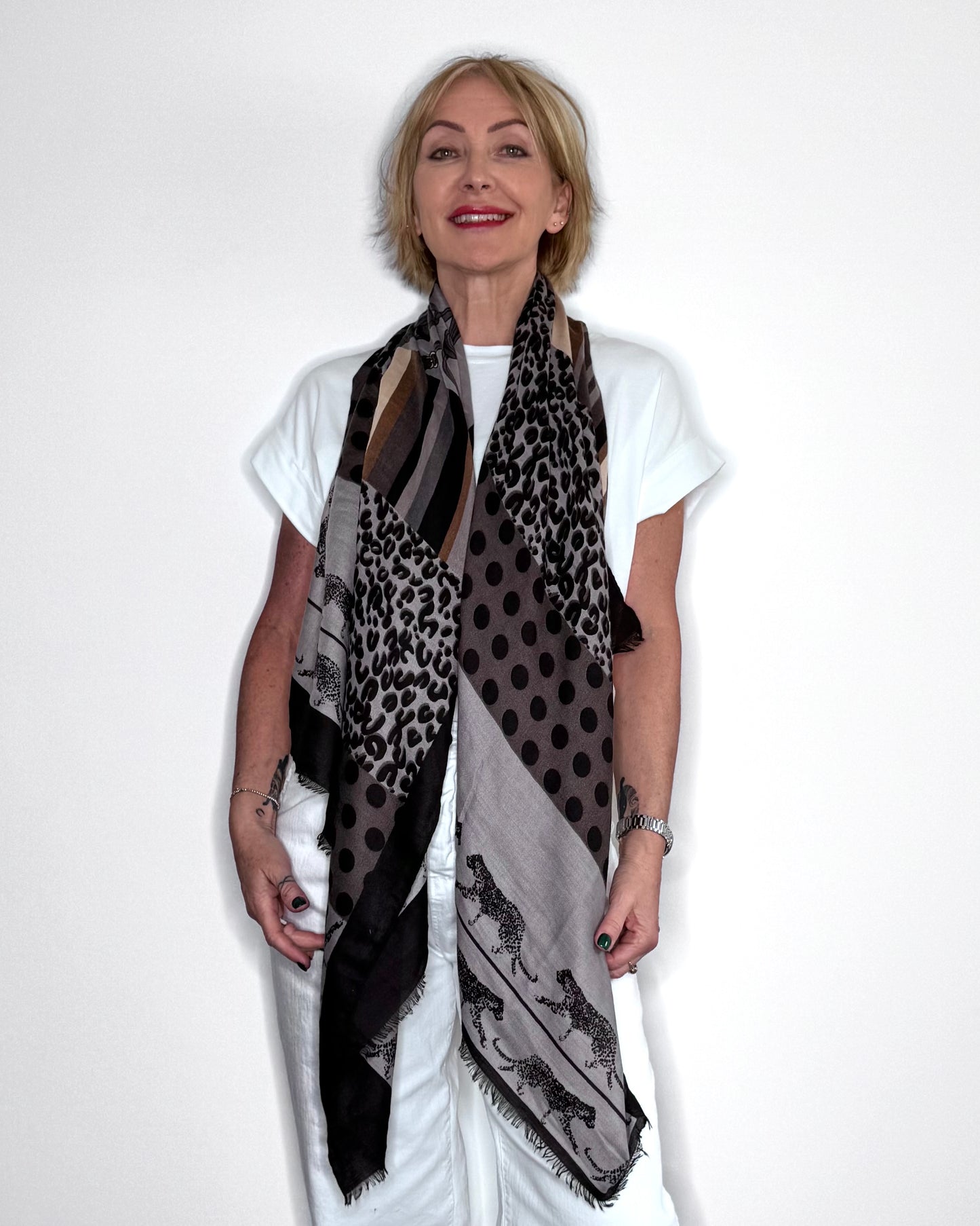 Grey Mixed Animal Print Scarf