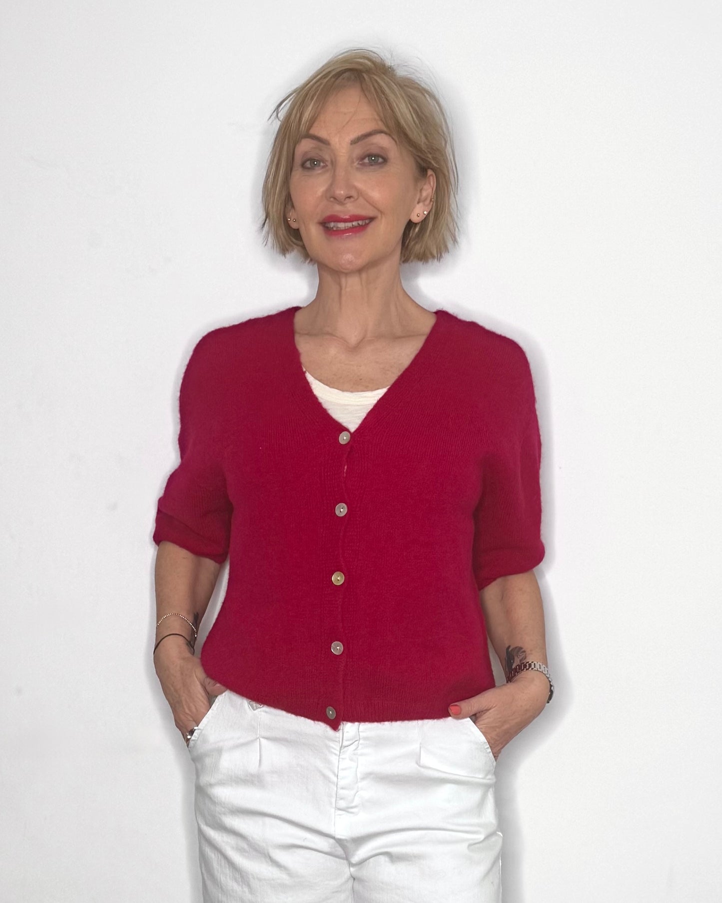 The Coco Short Sleeve V-Neck Cardigan in Dark Raspberry
