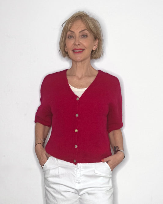 The Coco Short Sleeve V-Neck Cardigan in Dark Raspberry