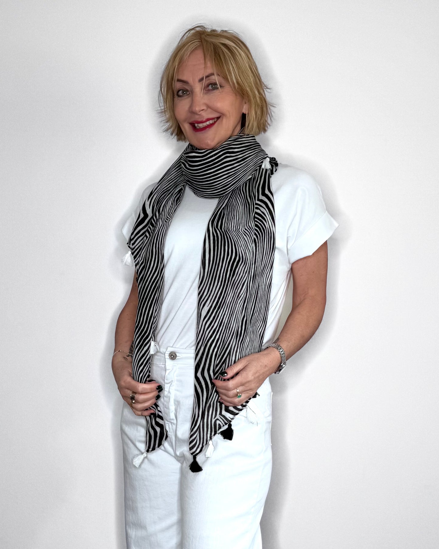 Black Zebra Print Tassel Scarf