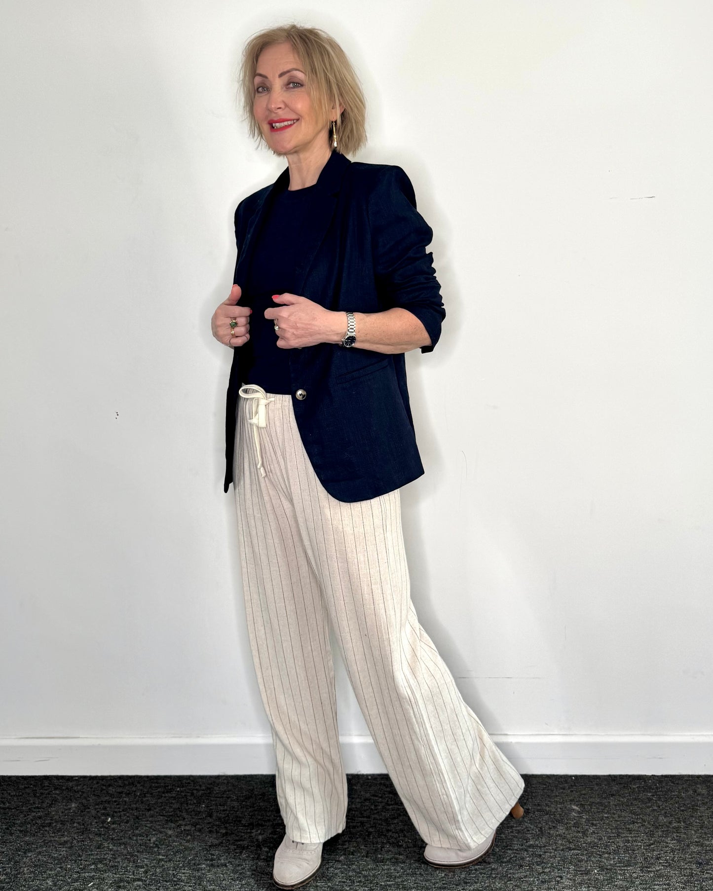 The Lola Pinstripe Linen Trousers in Ecru